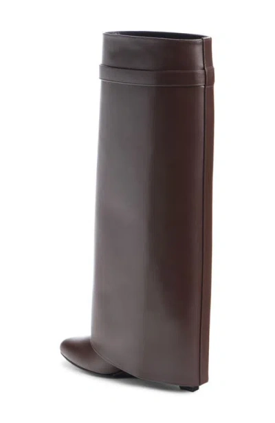 Givenchy Shark Lock Embellished Glossed-leather Knee Boots In Brown