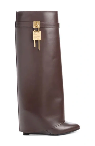 Givenchy Shark Lock Embellished Glossed-leather Knee Boots In Brown