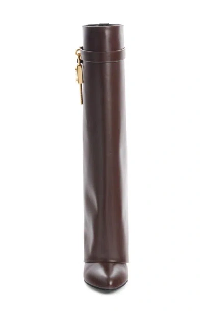 Givenchy Shark Lock Embellished Glossed-leather Knee Boots In Brown