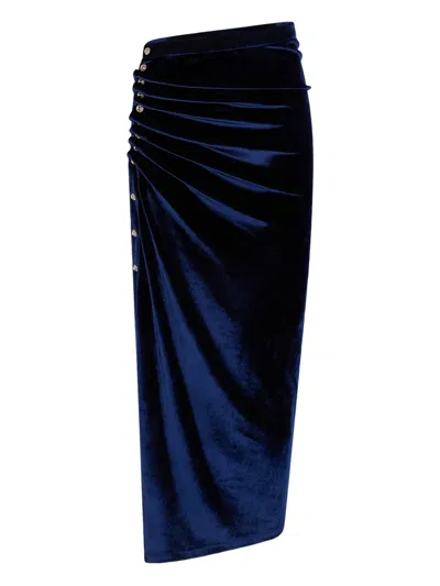 Rabanne Ruched Velvet Midi Skirt In Blue