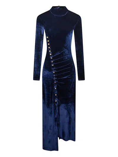 Rabanne Asymmetric Ruched Embellished Velvet Turtleneck Dress In Blue