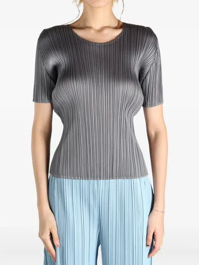 Issey Miyake Pleated Short-sleeve Top In Gray