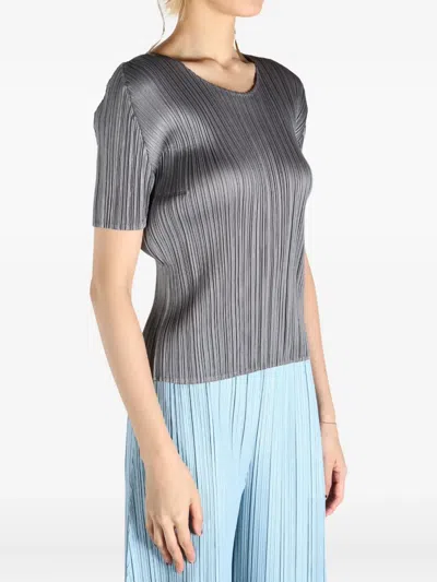 Issey Miyake Pleated Short-sleeve Top In Gray