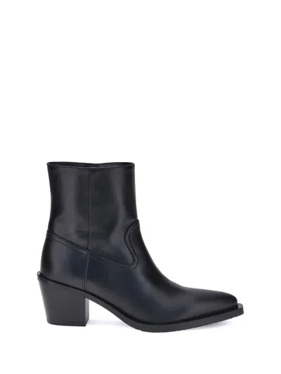 Stuart Weitzman Leather Block Heel Ankle Boots With Pointed Toe In Black