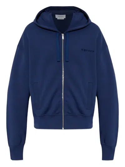 Alexander Mcqueen Full-zip Hooded Sweatshirt With Embroidered Detailing In Blue