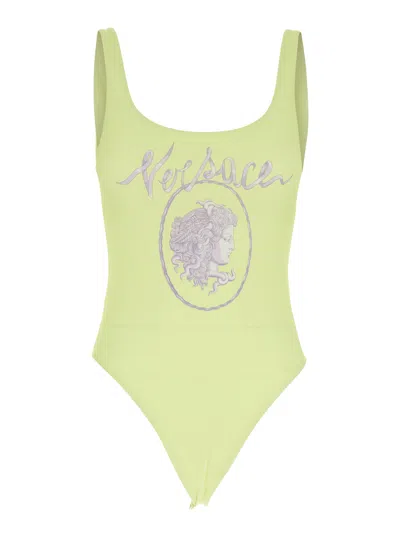 Versace Yellow One-piece Swimsuit With Medusa Print And Logo Lettering On The Front