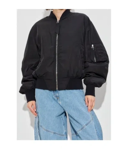 Attico Black Bomber Jacket With Front Zip Closure And One Zipped Pocket On The Sleeve In Tech Fabric Woman In Black