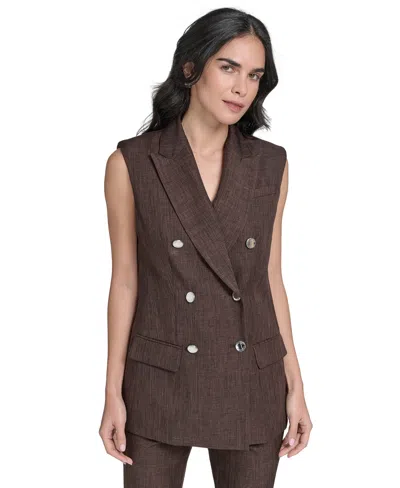 Calvin Klein Petite Double Breasted Sleeveless Blazer In Brown