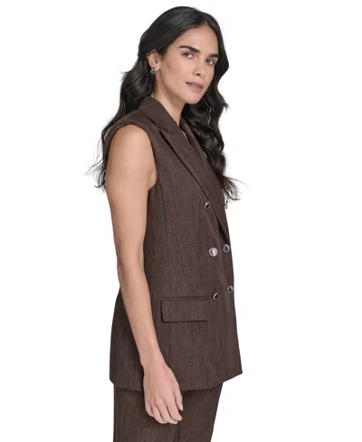Calvin Klein Petite Double Breasted Sleeveless Blazer In Brown