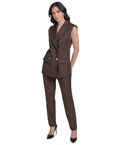 Calvin Klein Petite Double Breasted Sleeveless Blazer In Brown
