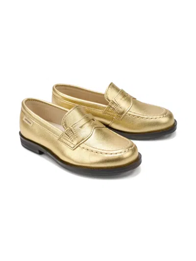 Miki House Metallic Leather Loafers In Gold