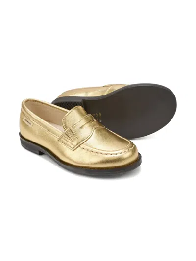 Miki House Metallic Leather Loafers In Gold