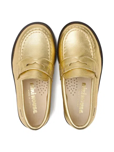 Miki House Metallic Leather Loafers In Gold