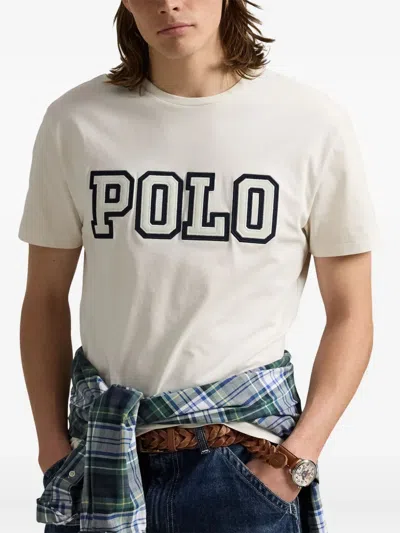 Polo Ralph Lauren Grey Crewneck T-shirt With Logo Print On The Front In Cotton Man In White