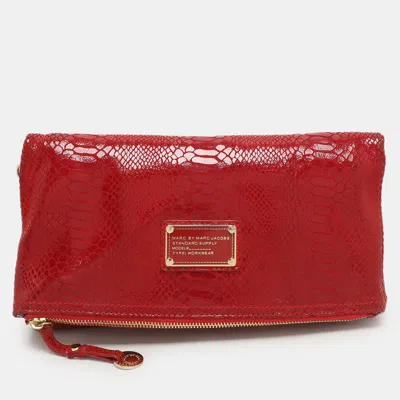 Pre-owned Marc By Marc Jacobs Red Python Embossed Leather Too Hot To Party Foldover Clutch
