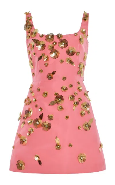 Carolina Herrera Crystal Flower Applique Sleeveless Mini Dress In Pink