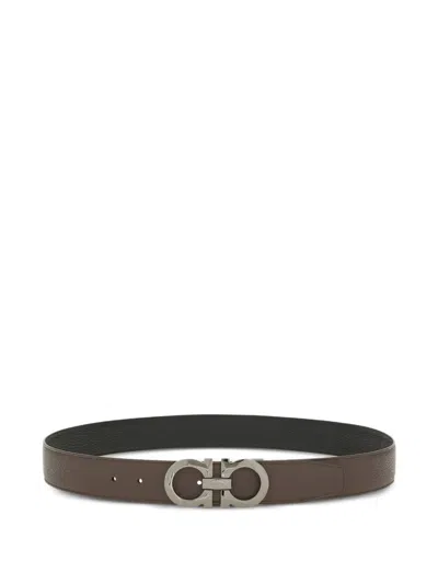 Ferragamo Double-sided Adjustable Gancini Double Buckle Belt In Black