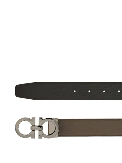 Ferragamo Double-sided Adjustable Gancini Double Buckle Belt In Black