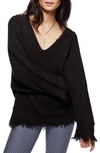 Free People Irresistible V-neck Frayed Sweater In Black