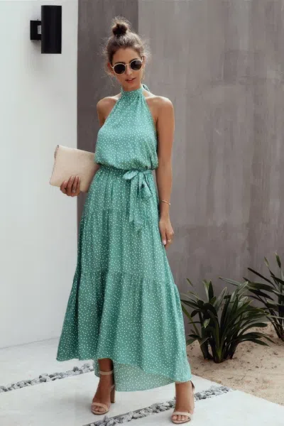 Fashnzfab Tie Back Polka Dot Ruffle Hem Halter Dress