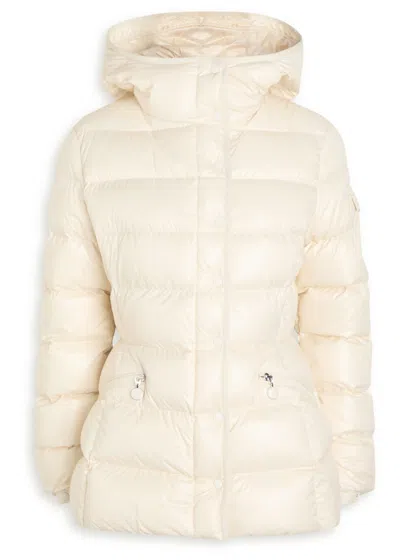 Moncler White Down Jacket In Lacquered Nylon In Neutral
