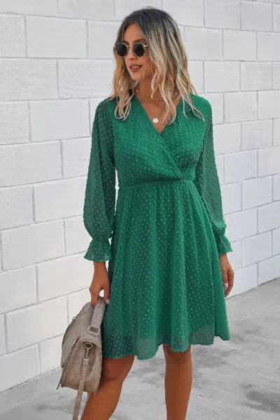 Fashnzfab Solid Swiss Dot Flounce Sleeve Shirred Midi Dress