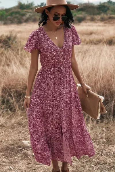 Fashnzfab V Neck Polka Dot Short Sleeve Dress