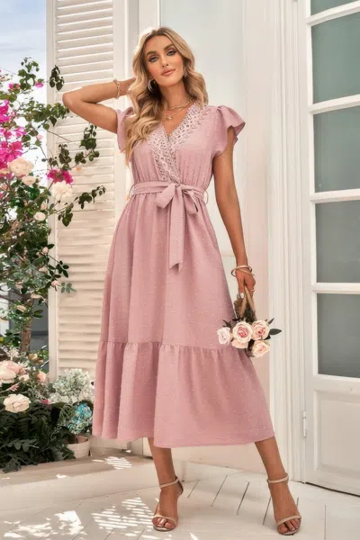 Fashnzfab Solid Dot V Neck Lace Ruffle Belt Long Dress