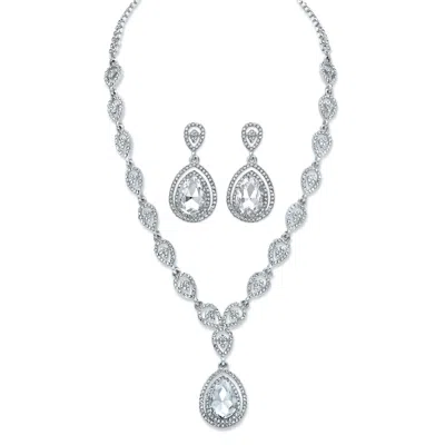 Palm Beach Jewelry Pear-cut Crystal Silvertone Halo 2-piece Earrings And Necklace Set 17"-19.5"
