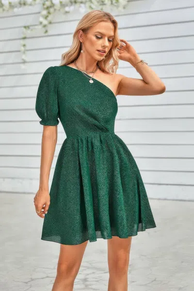 Fashnzfab One Shoulder Polka Dot Puff Sleeve Ruffle Dress
