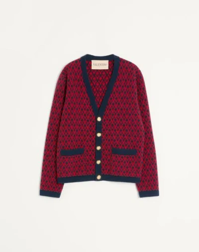 Valentino Toute La V Jacquard Wool Cardigan In Red