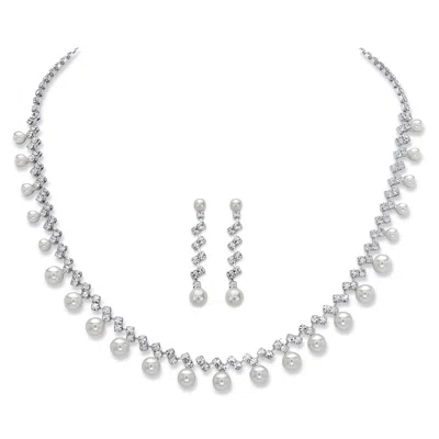 Palm Beach Jewelry Simulated Pearl And Crystal 2-piece Earrings And Necklace Set In Silvertone