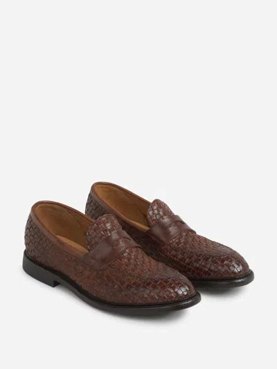 Green George Braided Leather Loafers In Brown