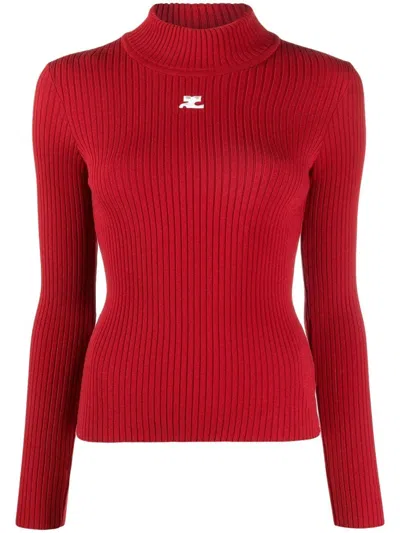 Courrèges Rib Knit Mock Neck Sweater In Red