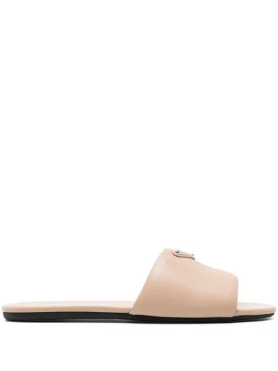 Prada Triangle Logo Leather Flat Sandals In Beige
