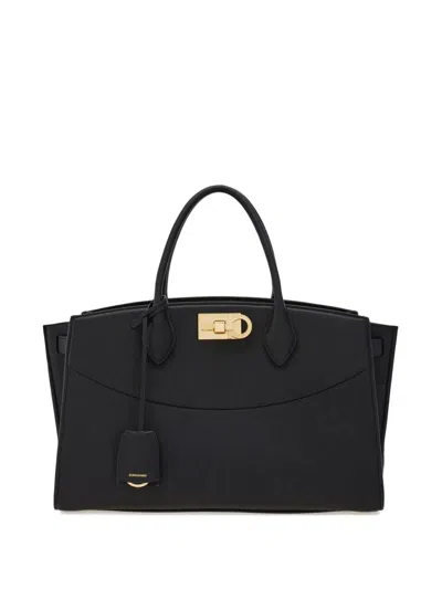 Ferragamo Black Handbag With Adjustable And Removable Shoulder Strap And Gancini Turn-lock Closure In Grained  In Black
