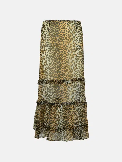 Ganni Long Skirt In Viscose 'chiffon' With Leopard Print