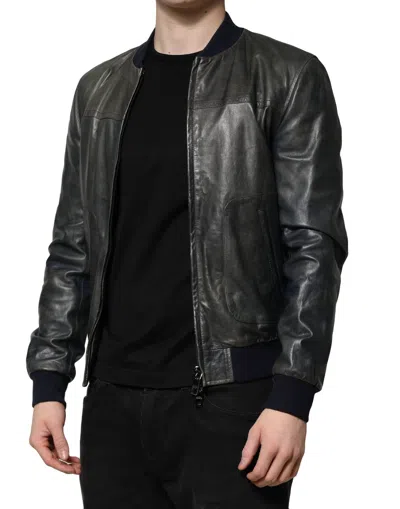 Dolce & Gabbana Black Lambskin Leather Biker Full Zip Jacket In Black