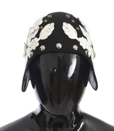 Dolce & Gabbana Black Wool White Floral Gold Leaf Hat In Black