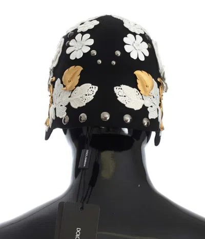 Dolce & Gabbana Black Wool White Floral Gold Leaf Hat In Black