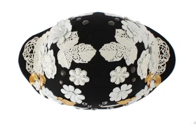 Dolce & Gabbana Black Wool White Floral Gold Leaf Hat In Black