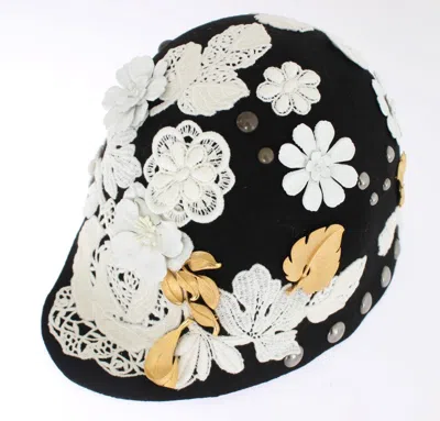 Dolce & Gabbana Black Wool White Floral Gold Leaf Hat In Black