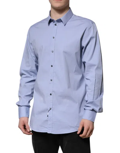 Pre-owned Dolce & Gabbana Blue Cotton Gold Long Sleeves Dress Men's Shirt ()