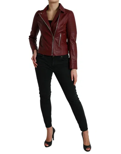 Dolce & Gabbana Bordeaux Leather Biker Coat Lambskin Jacket In Burgundy