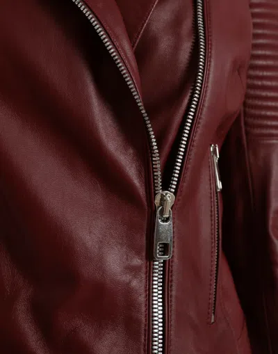 Dolce & Gabbana Bordeaux Leather Biker Coat Lambskin Jacket In Burgundy