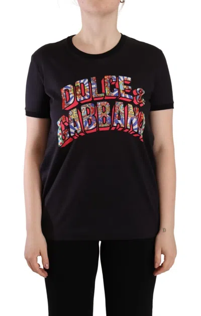 Dolce & Gabbana Black Cotton Large Print Top Crewneck T-shirt In Black