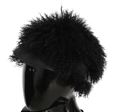 Dolce & Gabbana Black Tibet Lamb Fur Leather Gatsby Hat In Black