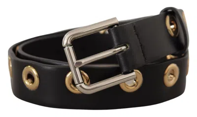 Dolce & Gabbana Black Leather Eyelet Silver Tone Metal Buckle Belt In Black