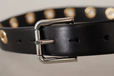 Dolce & Gabbana Black Leather Eyelet Silver Tone Metal Buckle Belt In Black