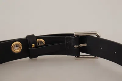 Dolce & Gabbana Black Leather Eyelet Silver Tone Metal Buckle Belt In Black